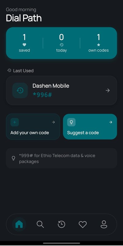Dial Path home screen with search and favorite USSD codes