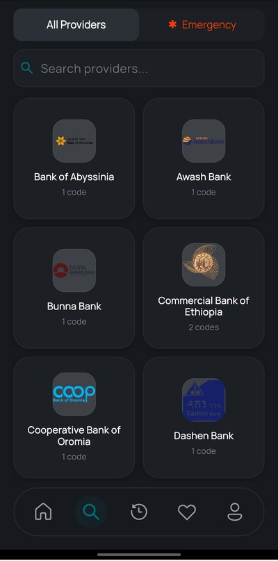 Dial Path app showing Ethiopian mobile providers like Ethio Telecom, Safaricom, and banks