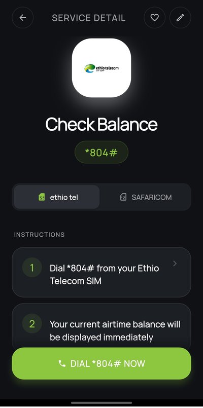 USSD code detail screen showing step-by-step instructions for Ethio Telecom services